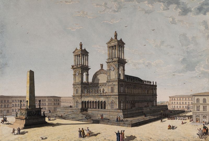 Russian Church by Leo Von Klenze, architecture, depicting domes and light in soft blue and gold hues.