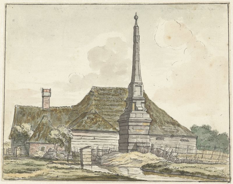 Paisagem com um marco de Jacques Kuyper, 1780, pintura a óleo