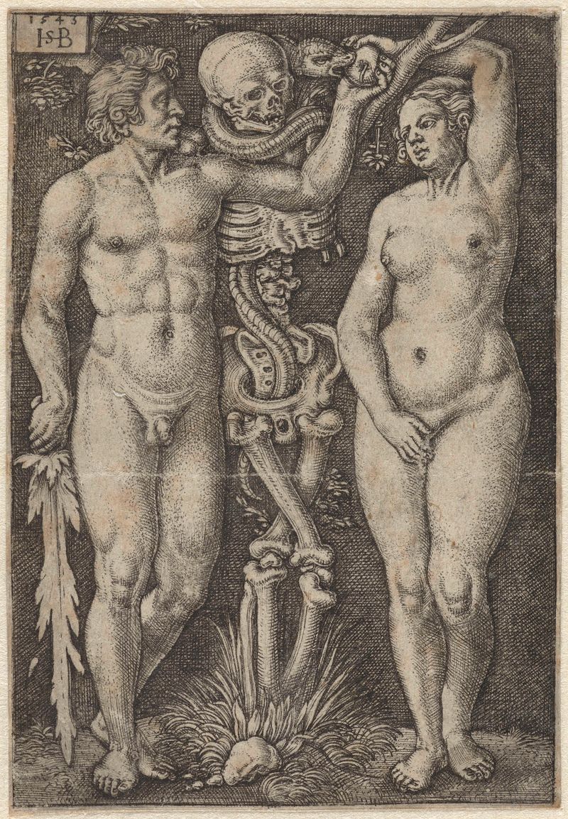 Gravura de Hans Sebald Beham retratando Adão e Eva com a morte em um momento tenso.
