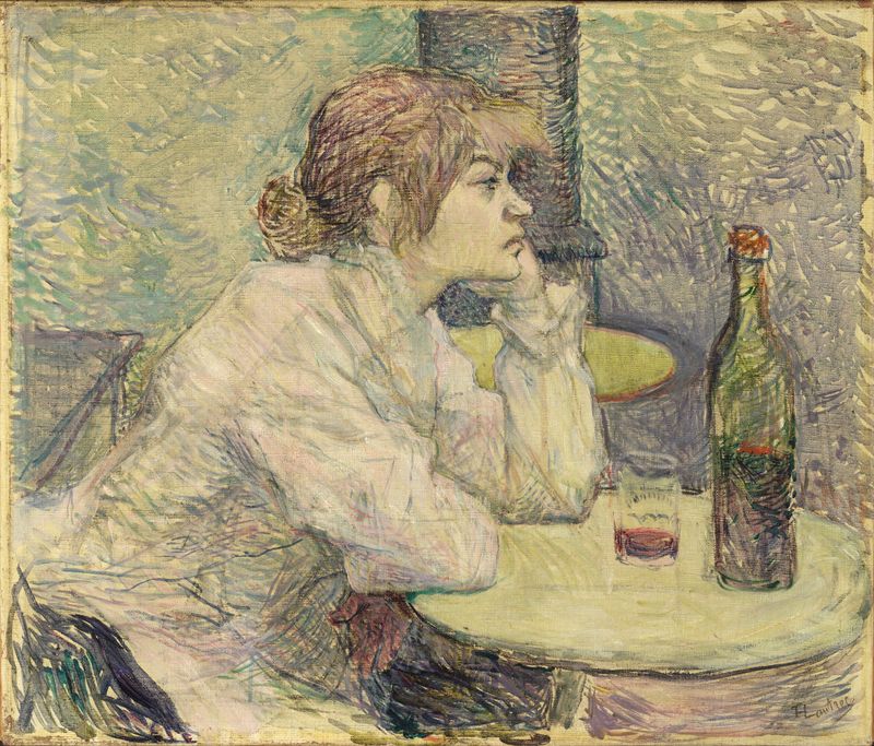 Oil painting by Henri de Toulouse-Lautrec depicting a woman slumped in a dim interior.