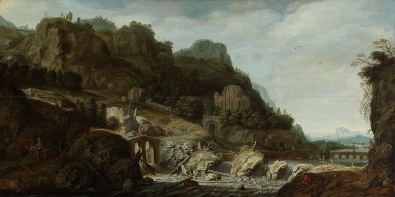 Landscape with a waterfall, oil painting by Joachim Govertsz Camphuysen