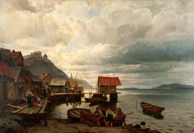 Landscape depicting a tranquil coastline at dawn, oil painting by Johan Edvard Bergh