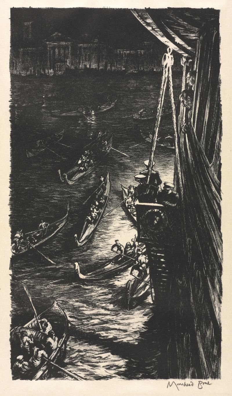 Midnight at Venice, etching de Muirhead Bone que muestra arquitectura antigua bajo un cielo nocturno