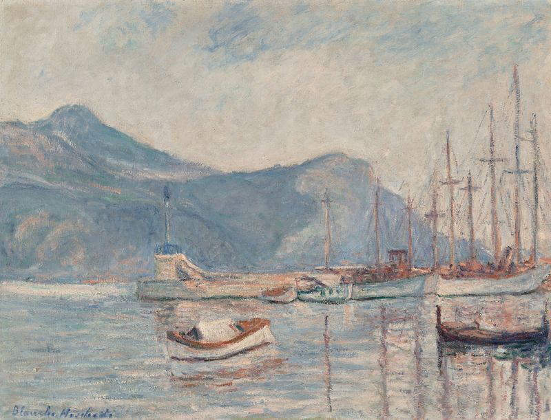 Les bateaux au port, pintura a óleo de Blanche Hoschedé-Monet, retratando barcos em um porto com azuis e verdes vibrantes.