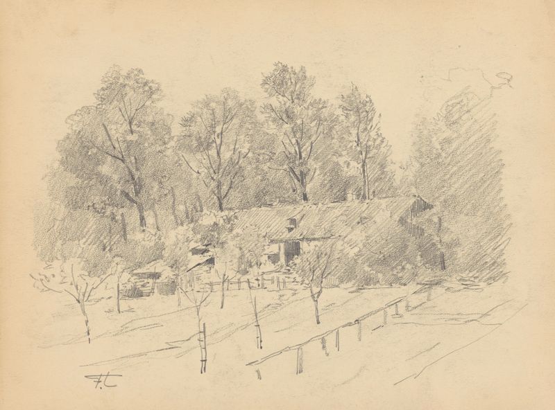 Fermette et verger au Fort Jaco (Uccle) pintura a óleo de Jean-François Taelemans retratando uma paisagem tranquila.