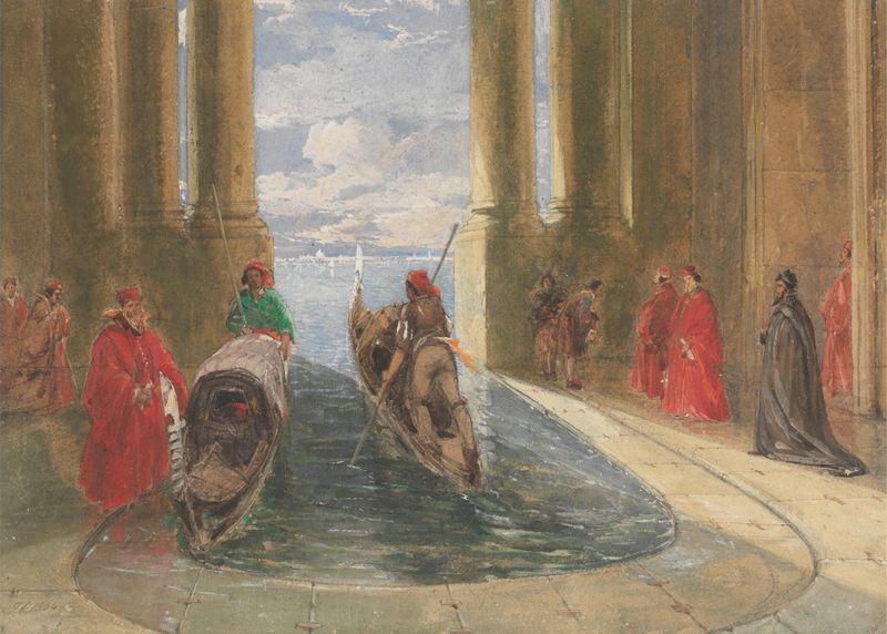 Venetian dignitaries boarding gondolas, oil on canvas by James Holland