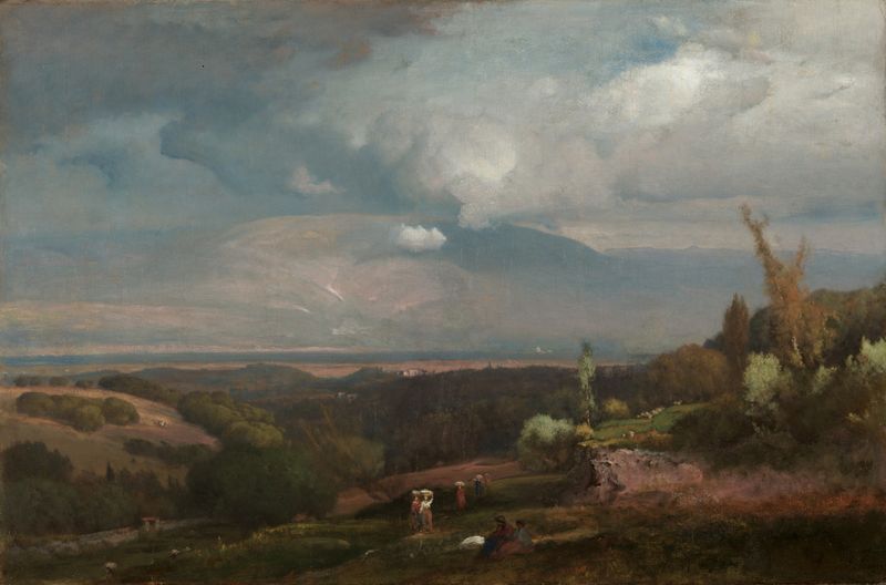 Approaching Storm from the Alban Hills de George Inness, óleo sobre tela mostrando nuvens escuras sobre colinas.