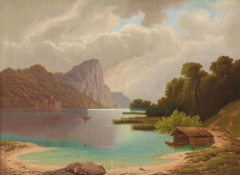 Landscape of Mondsee lake by Anton Pick, oil painting