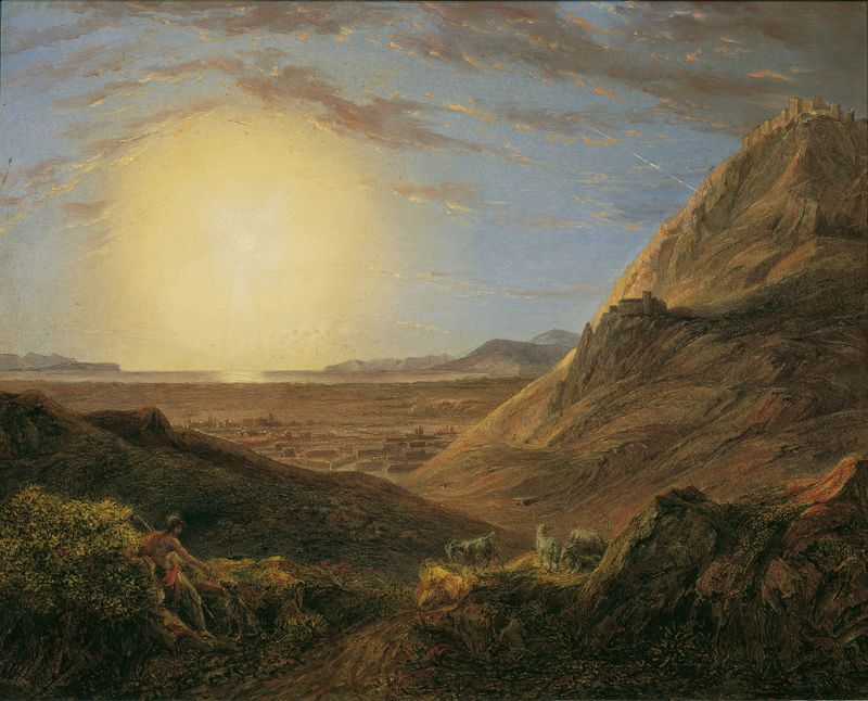 Athen nach Sonnenaufgang de Karl Joseph Aloys Agricola, óleo sobre lienzo que representa un río tranquilo al amanecer.