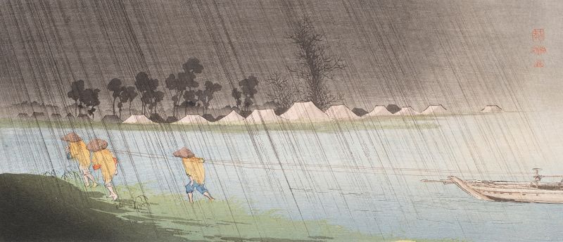 'Towpath in the rain', tinta sobre seda de Uehara Konen, retratando uma paisagem serena com chuva suave.