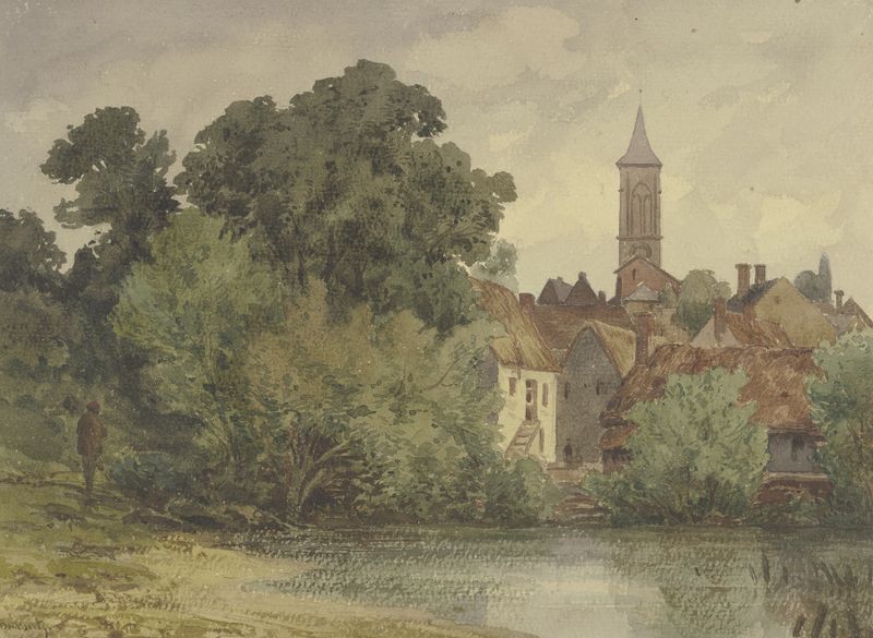 Pintura al óleo de paisaje de Peter Burnitz que muestra un pueblo con un campanario y reflejos en el agua.
