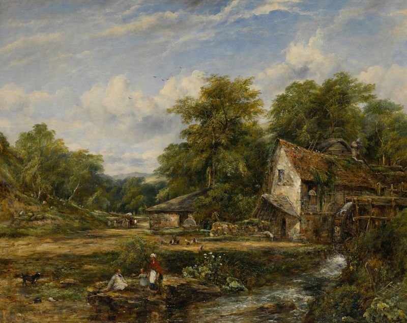 The Watermill by Frederick Waters Watts, oil painting depicting a serene landscape with a watermill and river.