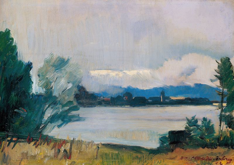 Blick zur Fraueninsel by Hiasl Maier-Erding, oil on canvas depicting twilight over a lake.