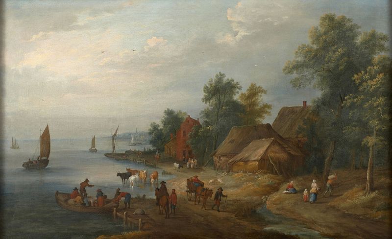 Le passage de la rivière, oil painting by Theobald Michau, depicts a river scene with figures and ripples.