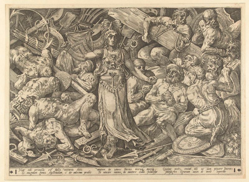 Victoria surrounded by prisoners and trophies, etching by Frans Floris I