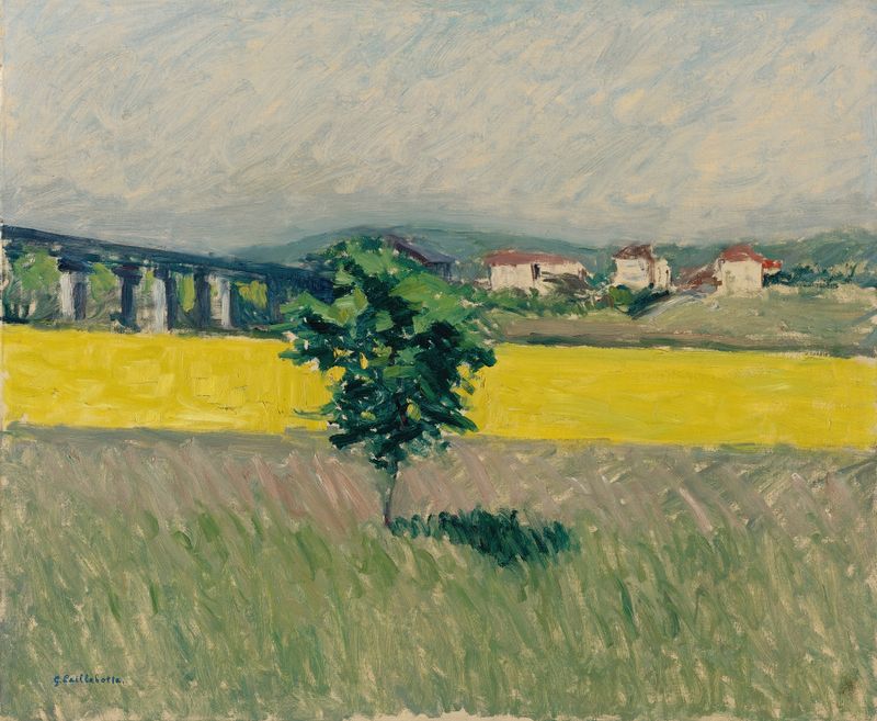 Prairie Au Pont D’argenteuil de Gustave Caillebotte, pintura a óleo que retrata um prado exuberante e horizonte.
