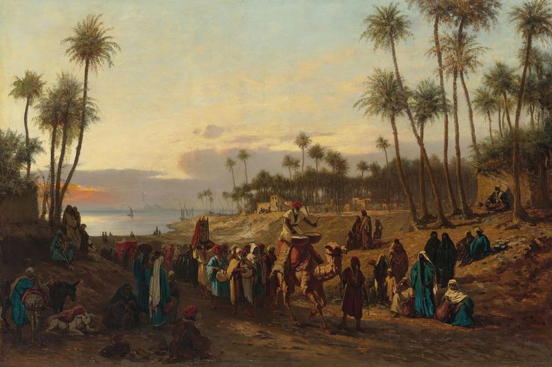 L’arrivée de la mariée by Alois Schönn, figurative painting, features a bride in golden light