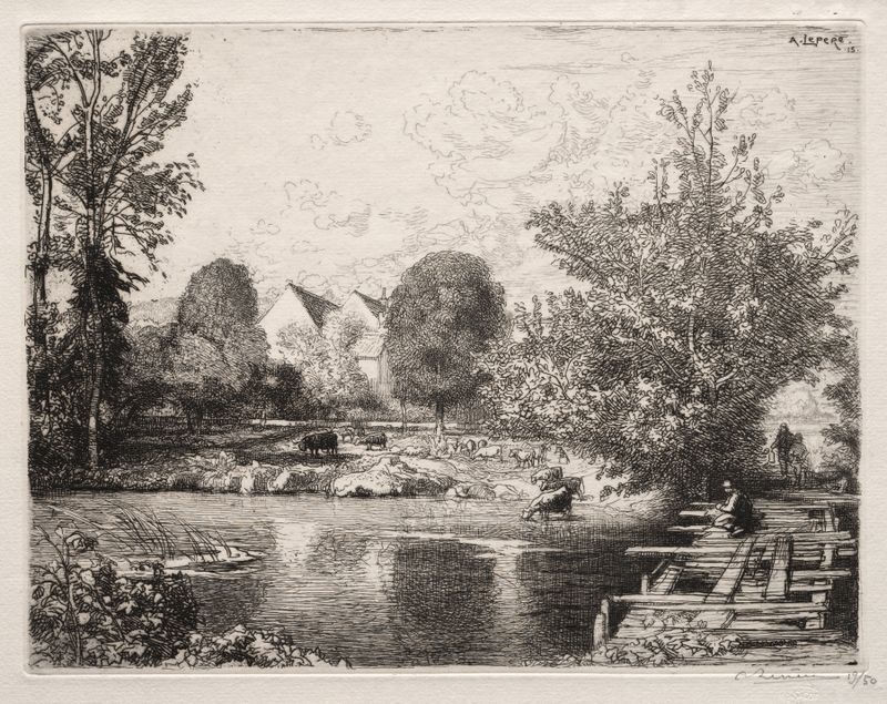 The Old Footbridge, una pintura al óleo impresionista de Auguste Louis Lepère, muestra un puente sobre un río.