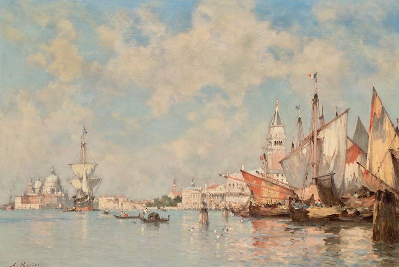 Boats in front of St. Mark’s Square, oil painting by Amédée Rosier