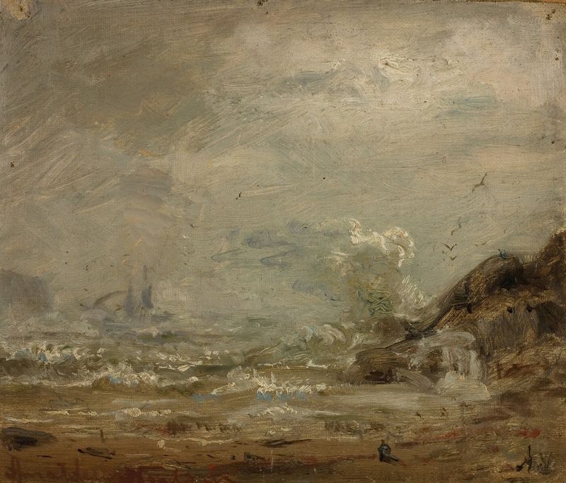 Cena marinha com ondas quebrando na costa, óleo sobre tela de Amaldus Nielsen