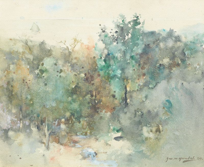 Woodland Stream de James Watterston Herald, Impressionismo, retratando um tranquilo riacho florestal com luz filtrada.