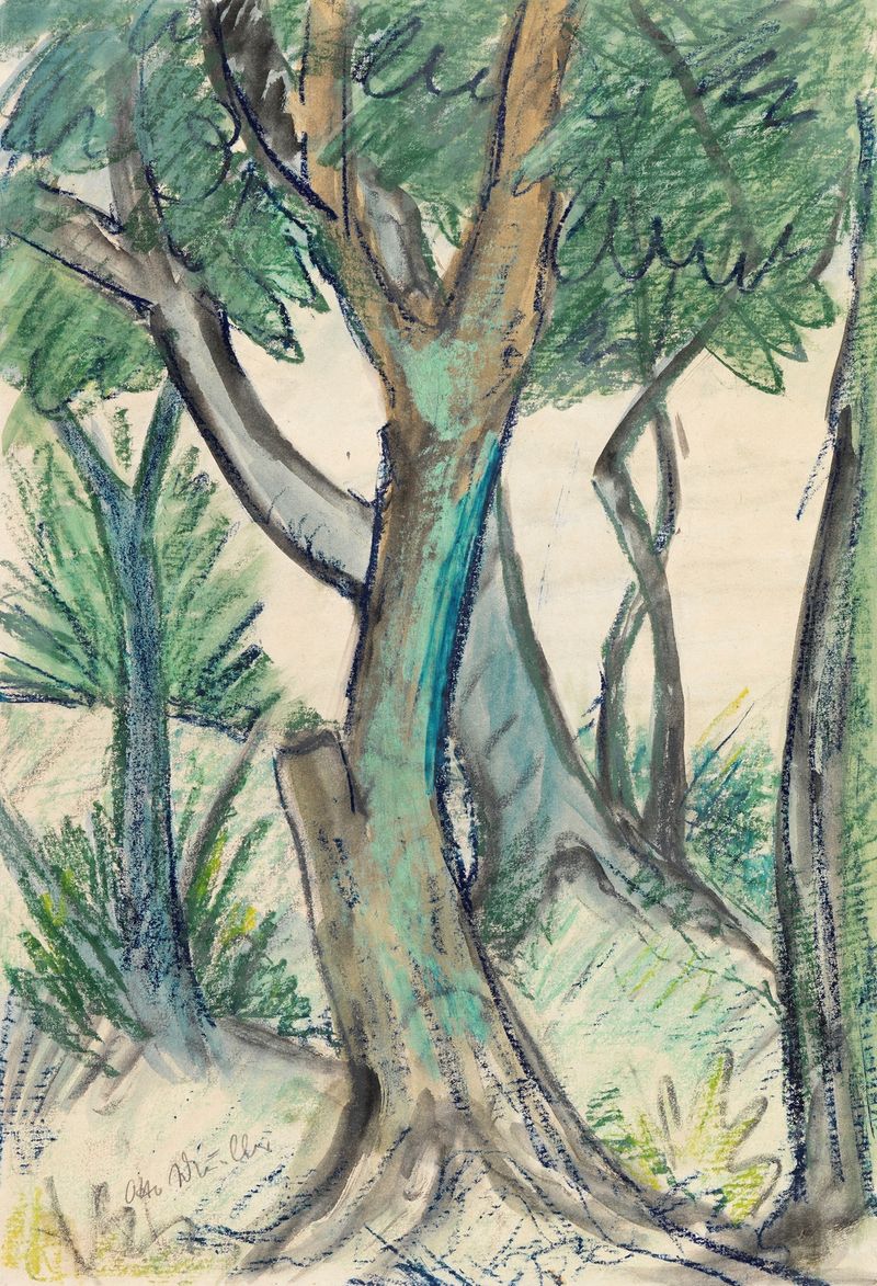 Landschaft mit Bäumen im Vordergrund de Otto Mueller, pintura a óleo que retrata árvores e natureza.