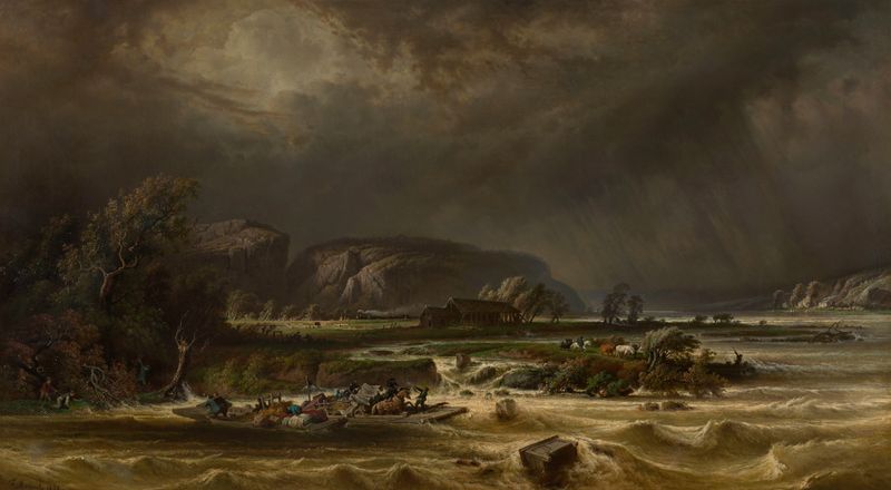 Landscape of the Meuse river by Ferdinand Joseph Bernard Marinus, oil painting