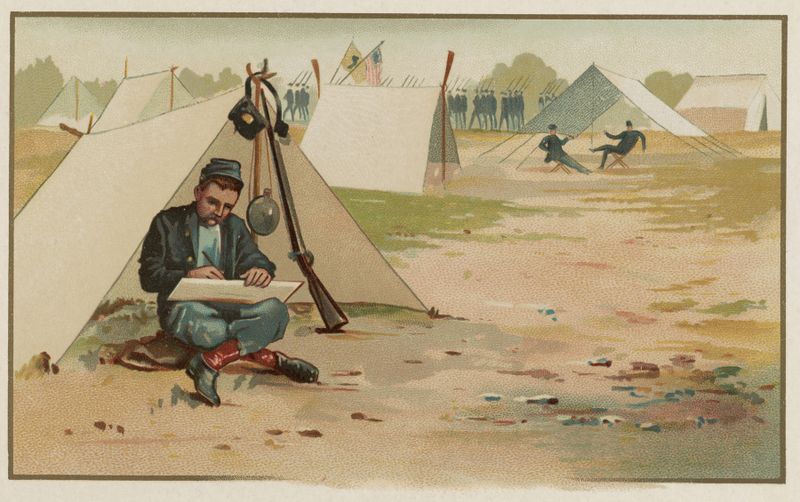 Union soldier drawing in front of a tent at army camp, oil on canvas by Louis Kinney Harlow