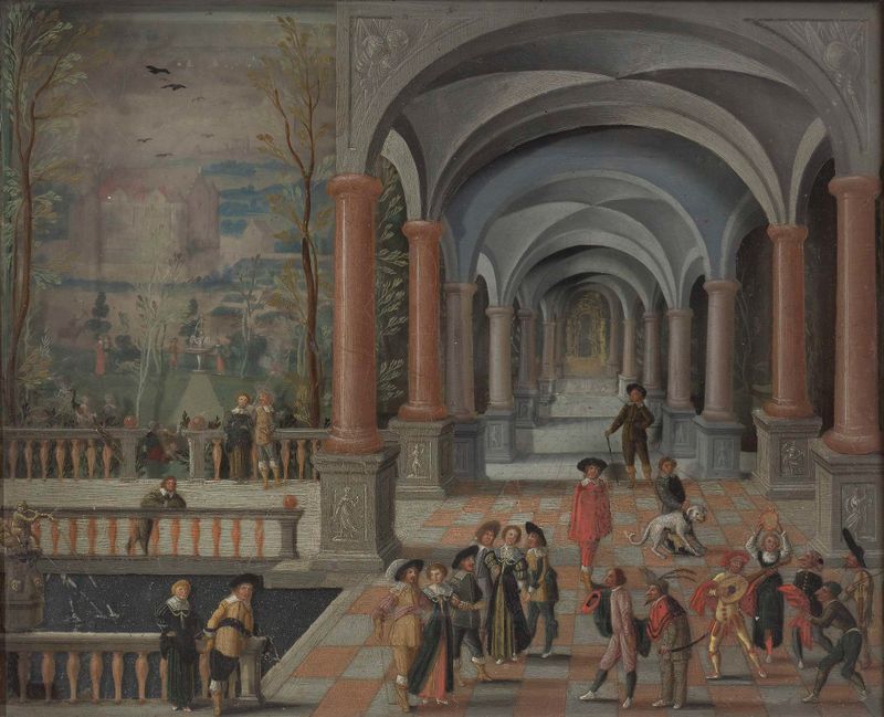 Reunião festiva e figuras em uma galeria, meio de vidro por Monogrammist DB