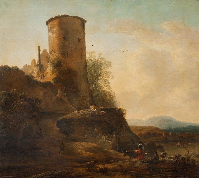 Italian mountain landscape with castle ruins, animals and figures by Adam Pynacker, oil on canvas