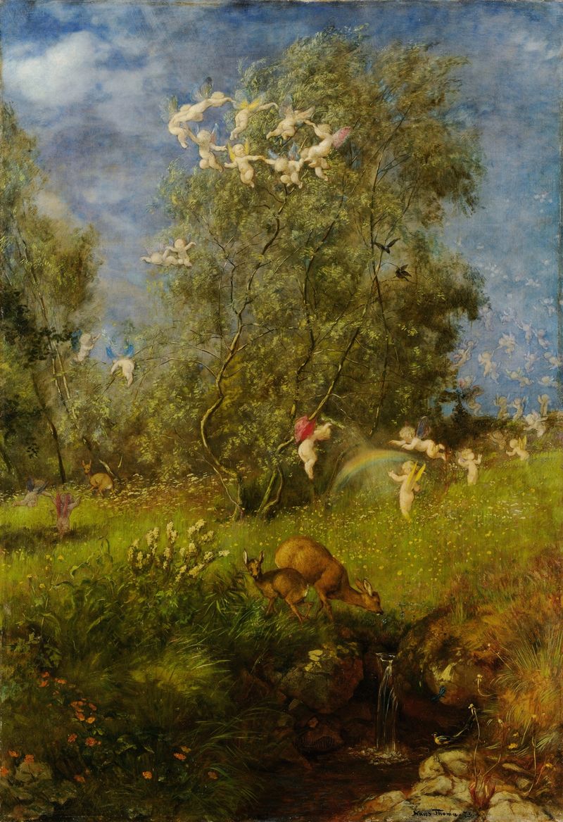 Paisaje de primavera con verdes vibrantes de Hans Thoma, pintura al óleo