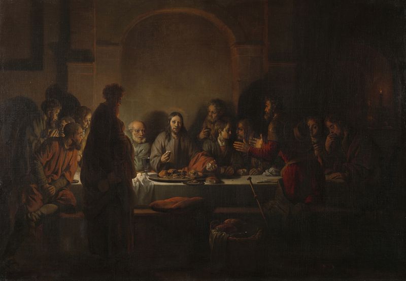 The Last Supper by Gerbrand van den Eeckhout, oil on canvas showing men around a table in candlelight.