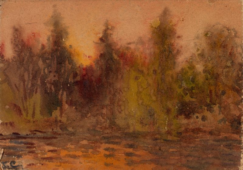 Paisaje de Jasper Francis Cropsey, 1875-1880, que representa un horizonte sereno con luz dorada.