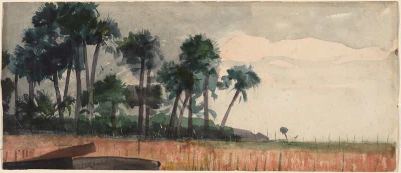 Palm Trees, Red de Winslow Homer, pintura a óleo com palmeiras e fundo vermelho.