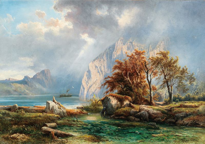 A View of Lake Wolfgangsee, oil on canvas by Carl Franz Emanuel Haunold, featuring a serene lake and mountains.