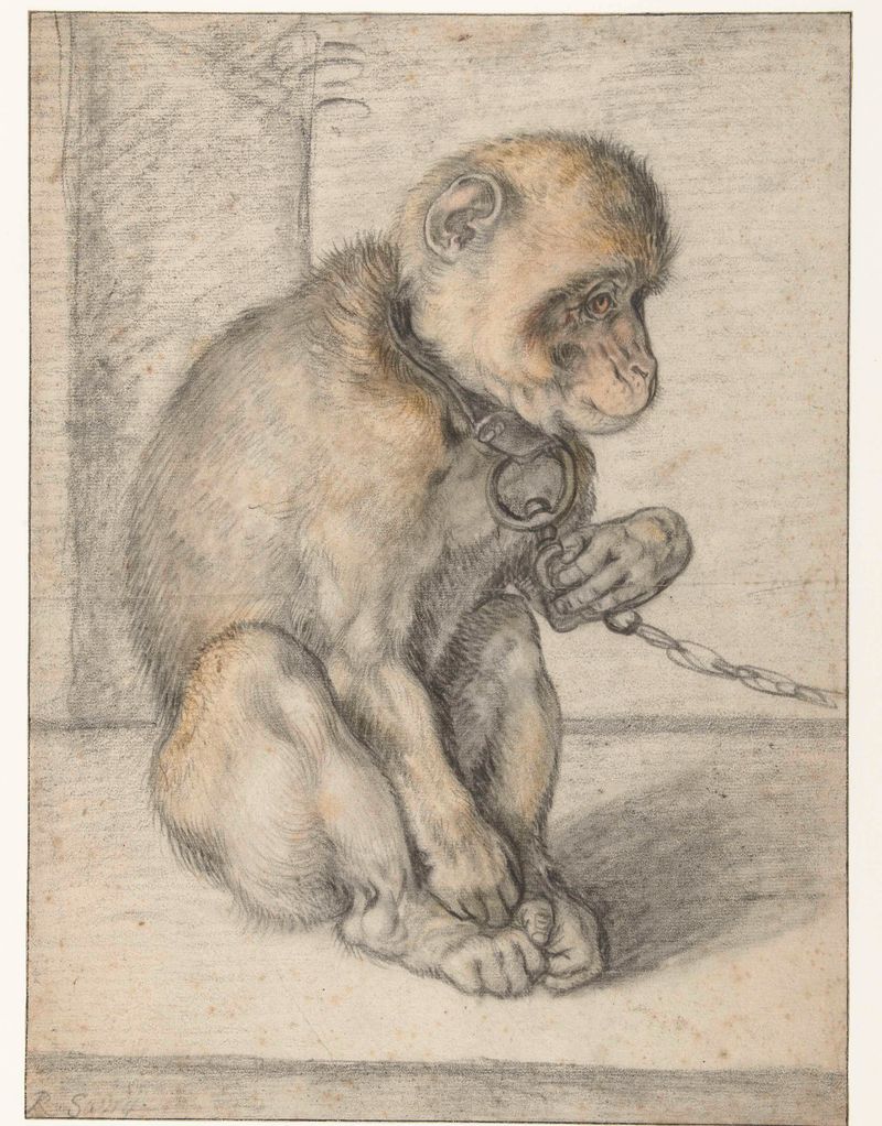 A seated rhesus monkey on a chain, engraving by Hendrick Goltzius