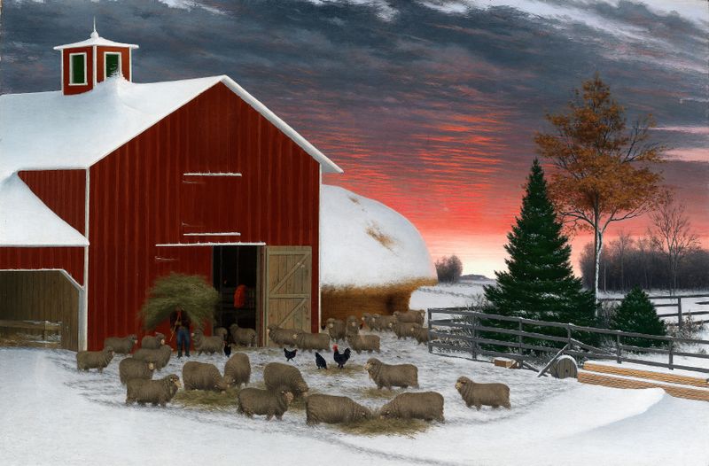 Barnyard in Winter de Horatio Shaw, óleo sobre tela representando uma paisagem nevada com um celeiro.
