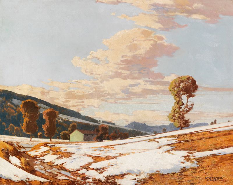 Schneeschmelze by Josef Stoitzner, oil on canvas depicting melting snow revealing green.