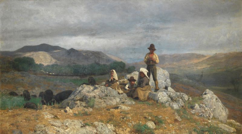 Tending the Herd, óleo sobre tela de Giuseppe Palizzi, mostrando pastores com rebanhos em uma paisagem tranquila.
