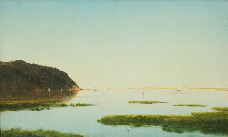 Vista do Rio Shrewsbury de John Frederick Kensett, pintura a óleo de uma paisagem serena.
