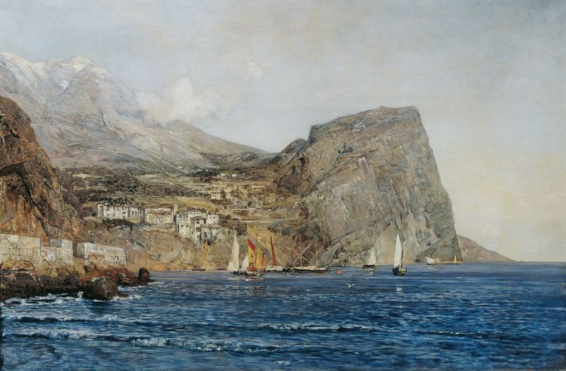 Paisaje costero de Emil Jakob Schindler, óleo sobre lienzo, con olas y un horizonte brumoso.