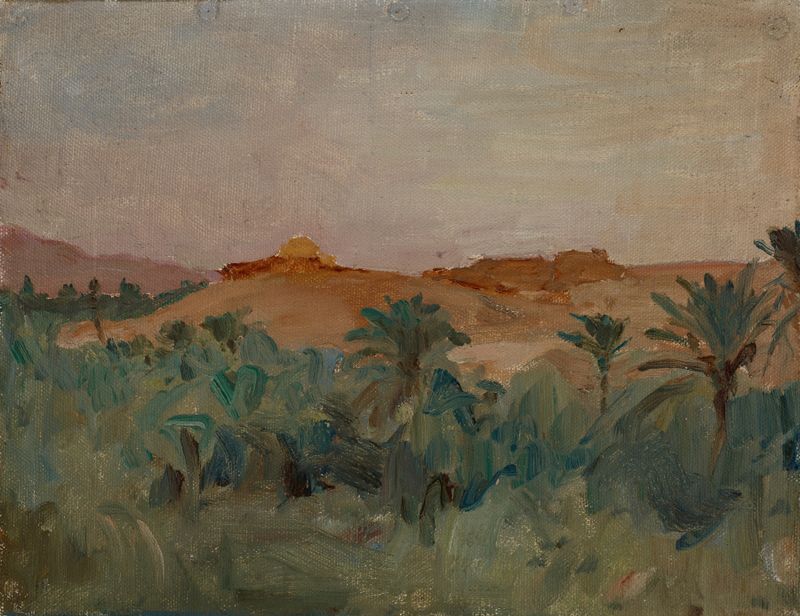 Biskra – The Sirocco de Jan Ciągliński, óleo sobre lienzo que representa palmeras en un paisaje desértico.
