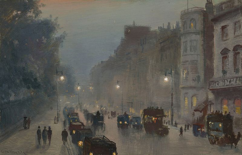 Genre scene of bustling figures in Piccadilly, oil painting by George Hyde Pownall