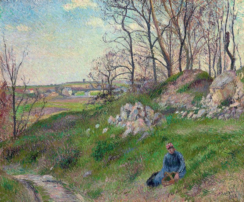 Landscape of hills and greenery in Les carrières du Chou by Camille Pissarro, oil painting