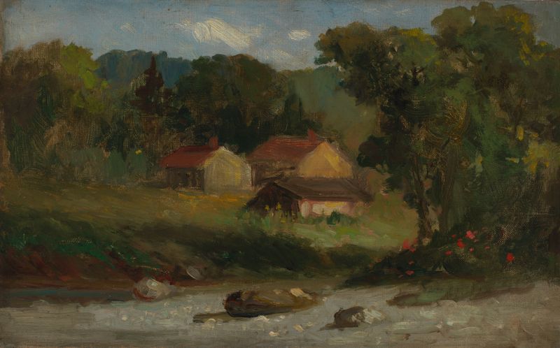 Rocky Farm, Newport de Edward Mitchell Bannister, óleo sobre lienzo que representa un paisaje rocoso con vegetación.