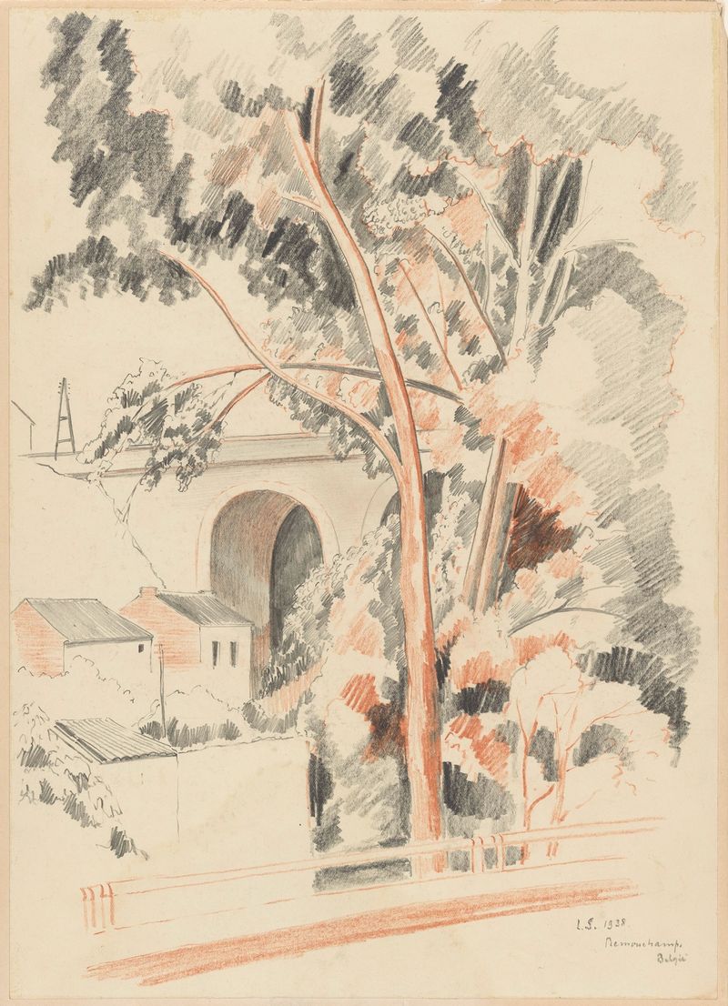 Landscape with trees and a viaduct by Lodewijk Schelfhout, oil painting