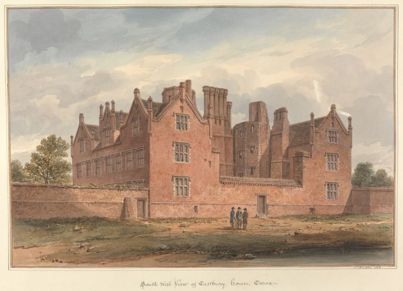 South West View of Eastbury House, Essex de John Buckler, pintura a óleo que retrata a arquitetura georgiana.