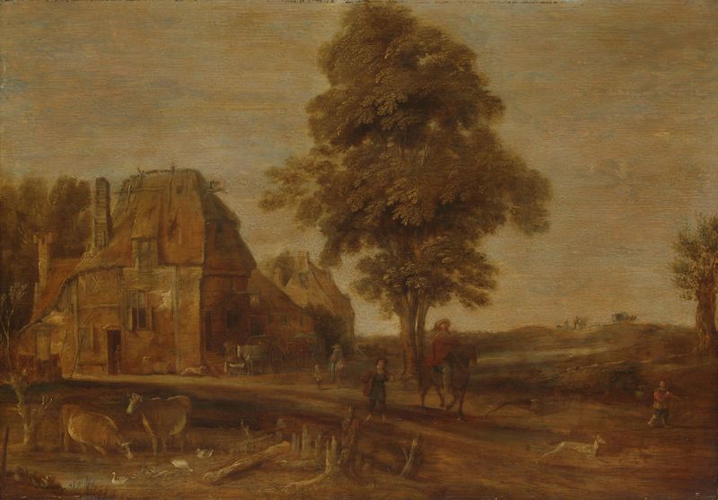 Paisaje con una Posada de Aert van der Neer, óleo sobre lienzo que representa una escena serena de río.
