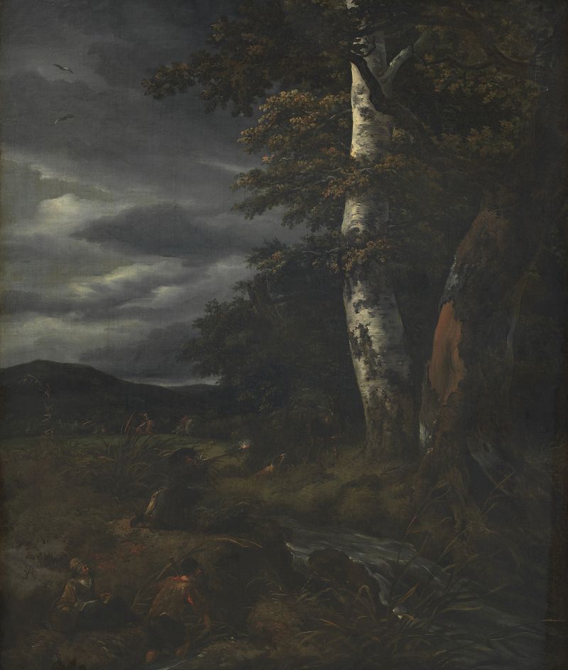 Landscape with a Hunting Scene, oil on canvas by Jacob van Ruisdael