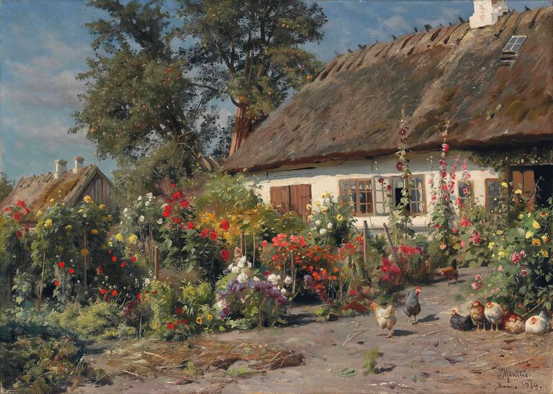 A Cottage Garden With Chickens by Peder Mørk Mønsted, oil painting of a garden with chickens.